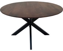 Floor vergadertafel met rond Mango houten blad, doorsnede 110 cm. met facetrand aan onderzijde. Bladkleur bruin glad afgewerkt. Onderstel is een spinpoot in de kleur zwart.