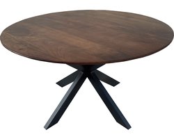 Floor vergadertafel met rond Mango houten blad, doorsnede 150 cm. met facetrand aan onderzijde. Bladkleur bruin glad afgewerkt. Onderstel is een spinpoot in de kleur zwart.