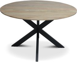 Floor vergadertafel met rond Mango houten blad, doorsnede 150 cm. met facetrand aan onderzijde. Bladkleur naturel glad afgewerkt. Onderstel is een spinpoot in de kleur zwart.