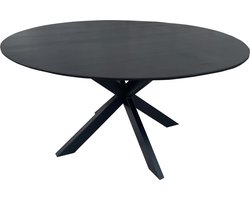 Floor vergadertafel met rond Mango houten blad, doorsnede 150 cm. met facetrand aan onderzijde. Bladkleur zwart glad afgewerkt. Onderstel is een spinpoot in de kleur zwart.