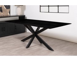 Floor vergadertafel van 180 x 90 cm met rechthoekig Mango houten blad met facetrand aan onderzijde. Bladkleur zwart glad afgewerkt. Onderstel is een spinpoot in de kleur zwart.