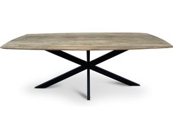 Floor vergadertafel van 200 x 100 cm met gecurved Mango houten blad met facetrand aan onderzijde. Bladkleur naturel glad afgewerkt. Onderstel is een spinpoot in de kleur zwart.