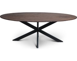 Floor vergadertafel van 200 x 100 cm met ovale Mango houten blad met facetrand aan onderzijde. Bladkleur bruin glad afgewerkt. Onderstel is een spinpoot in de kleur zwart.