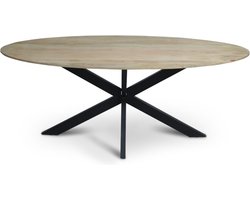 Floor vergadertafel van 200 x 100 cm met ovale Mango houten blad met facetrand aan onderzijde. Bladkleur naturel glad afgewerkt. Onderstel is een spinpoot in de kleur zwart.