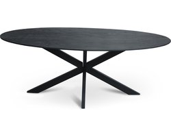 Floor vergadertafel van 200 x 100 cm met ovale Mango houten blad met facetrand aan onderzijde. Bladkleur zwart glad afgewerkt. Onderstel is een spinpoot in de kleur zwart.