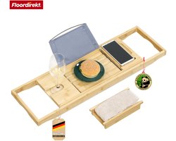 FLOORDIREKT Badplank Oklahoma van Bamboe - Verstelbare Badplank met Boekenplank - Uitschuifbaar Houten Dienblad