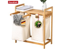 FLOORDIREKT Dakota Wasmand van Bamboe - Wasverzamelaar met 2 Vakken - Wasmand voor Vuile Was - Houten Wassorteerder met grote wasbox
