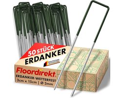 FLOORDIREKT Grondanker Haringen voor Kunstgras - Stabiele & Corrosiebestendige - Voor Kunstgras, Onkruidvlies, Schutting, Tent, Camping & Tuin - Gemaakt van Ijzerdraad - U-Vorm - 50 stuks - 15 x 3 cm