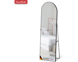 FLOORDIREKT Lichaams-Spiegel Madison - Zwart 147 x 44 cm - Gebogen Aluminium Frame - Vrijstaand & Wandmontage - Voor Slaapkamer, Woonkamer & Garderobe