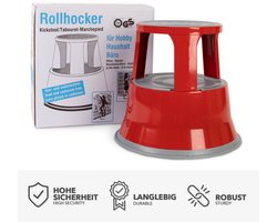 FLOORDIREKT Rolkruk, Opstapkruk, Olifantenpoot - Stalen Kruk tot 150kg Belastbaar - voor Kantoor of Commercieel Gebruik - Rood