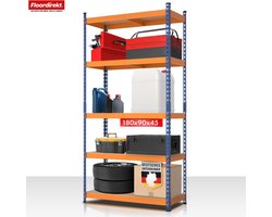 FLOORDIREKT Stellingen voor Zwaar Gebruik Rhino - Opbergrekken met 5 Legplanken - 1050 kg Draagvermogen - Innovatief Insteeksysteem - Blauw-Oranje - 180 x 90 x 45 cm