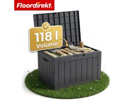 Floordirekt Tuinbox in houtlook - Antraciet - 56 x 43 x 53 cm (118 L) - Weerbestendige Kussenbox voor Terras & Balkon - 118L / 270L / 300L - Weerbestendig Polypropyleen - Ideaal voor Buitengebruik in Antraciet & Bruin