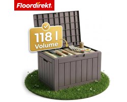 Floordirekt Tuinbox in houtlook - Bruin - 56 x 43 x 53 cm (118 L) - Weerbestendige Kussenbox voor Terras & Balkon - 118L / 270L / 300L - Weerbestendig Polypropyleen - Ideaal voor Buitengebruik in Antraciet & Bruin
