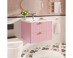 FloraGrace Badkamerkast Met Wastafel - Wandhangend Met 2 Lades - Ruimtebesparend Voor Badkamer - MDF En Keramiek - 60,5x47,5x47 Cm - Roze Wit