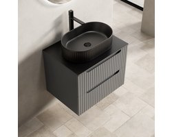 FloraGrace Badkamerkast - Wandhangend Met Ovaal Wastafel En Zacht Sluitende Lades - Voor Badkamer - Keramiek En Gesinterde Steen - 60 Cm - Donkergrijs En Zwart