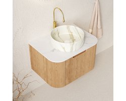 FloraGrace Badkamermeubel - Hangend Met Ronde Keramische Waskom En Soft-Close Lade - Voor Badkamer - Multiplex En Wit - 61x48x49,1 Cm