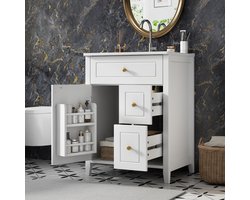 FloraGrace Badkamermeubel - Staand Wasmeubel Met Keramische Wastafel En Zachte Sluiting - Voor Badkamer En Wastafelruimte - MDF - Wit - 61 Cm