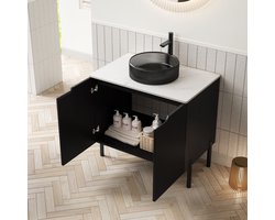 FloraGrace Badkamermeubel - Staande Wastafelkast Met Zwarte Glazen Opbouwkom En Soft Close - Voor Badkamer - Gesinterde Steen - 76 Cm