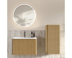 FloraGrace Badkamermeubelset - Hangend Wasmeubel Met Ronde Spiegel En Verlichting - Voor Kleine Badkamers - Eikenhoutkleur - 60 Cm