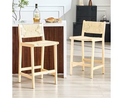FloraGrace Barkruk 44 x 42 x 89 cm - Set Van 2 Met Handgeweven Zitting En Rugleuning - Voor Keukeneiland Of Bar - Massief Hout - Houtkleur