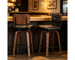 FloraGrace Barkruk Set Van 2 – 360° Draaibaar Met Rugleuning – PU Kunstleer, Houten Details & Metalen Frame – Bar – Zwart Donker Walnoot
