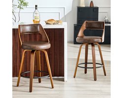 FloraGrace Barkruk - Set Van 2 Met Rugleuning En Voetensteun - Retro Voor Bar Of Keukeneiland - Hout En Kunstleer - Bruin