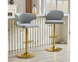 FloraGrace Barkruk - Set van 2 Met Rugleuning, Hoogte Instelbaar en Draaibaar - Voor Keukenbar en Bartafel - Kunstleer - Lichtgrijs