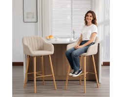 FloraGrace Barstoel 58,5 x 55 x 104 cm - Hoge Rugleuning Met Armleuningen - Voor Keukeneiland En Bar - Linnen - Beige