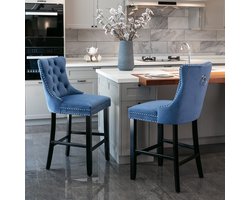FloraGrace Barstoel – Set Van 2 – Fluweel – Hoge Rugleuning Met Knopen En Siernagels – Massief Hout – Blauw