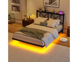 FloraGrace Bed 120x200 cm - LED Verlichting en Oplaadstation - Zwevend Ontwerp met Hoofdbord - Metaal - Zonder Matras - Zwart