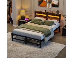 FloraGrace Bed 120x200 cm - Met RGB Ledverlichting En 2 USB Poorten - Met Opbergruimte - Eenpersoons - Zonder Matras - Metaal En Hout - Zwart Bruin