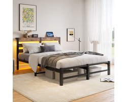 FloraGrace Bed 140x190 cm - LED-Verlichting en 2 USB-Aansluitingen - Met Opbergruimte Onder Bed - Zonder Matras - Metaal en Hout - Zwart Bruin