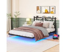 FloraGrace Bed 140x200 cm - Tweepersoons Bedframe Met Ledverlichting en Oplaadpunt - Zwevend Design Met Hoofdbord - Metaal - Zwart - Zonder Matras
