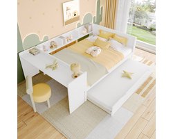 FloraGrace Bed 140x200cm – Bed Met Bureau – Uitschuifbed En 3 Planken – Met Opbergruimte – Zonder Matras – Grenen En MDF – Wit