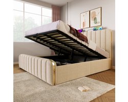 FloraGrace Bed 180x200 cm - Tweepersoons Opbergbed Met USB En USB-C - Hydraulische Opbergruimte - Zonder Matras - Linnen - Beige