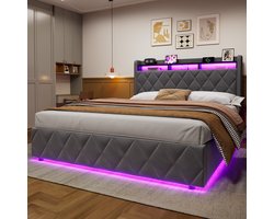 FloraGrace Bed LED Verstelbaar – 160 x 200 cm – Fluweel, Hout en Metaal – Donkergrijs – Hydraulische Opbergruimte – Met Usb-Oplaadfunctie