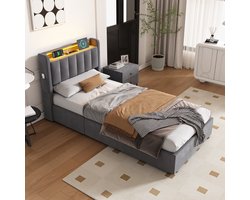 FloraGrace Bedframe Stof LED 90x200 - Eenpersoonsbed Met Opbergruimte - Fluweel - Donkergrijs