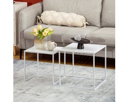 FloraGrace Bijzettafel Set Van 2 - Vierkant Modern Design Met Stalen Frame - Voor Woonkamer - Wit - 40x40x40 En 35x35x35 Cm