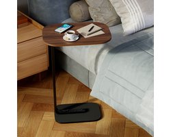 FloraGrace Bijzettafels - Houten Bijzettafel C‑Vorm, Sidetable Met Metaal Frame, Moderne Bijzettafel Op Wieltjes Voor Laptop Of Koffie, Walnoot, 45x30 cm, 63 cm Hoog