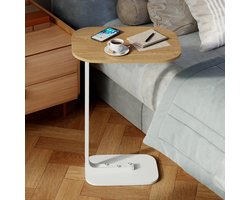 FloraGrace Bijzettafels - Houten Bijzettafel C‑Vorm, Sidetable Met Metaal Frame, Moderne Bijzettafel Op Wieltjes Voor Sofa Of Couchtisch, Bruin, 45x30 cm, 63 cm Hoog