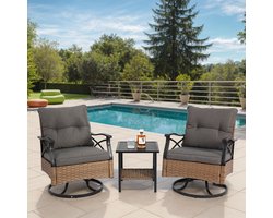 FloraGrace Bistroset - 2 Draaibare Schommelstoelen Met Tafel - Voor Tuin En Terras - Stalen Frame Met Rotanlook - Bruin Grijs
