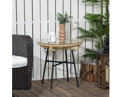 FloraGrace Bistrotafel - Ronde Tuintafel Met Gehard Glazen Blad - Voor Balkon En Terras - Metaal En PE-Rattan - 50 x 50 x 50 cm - Beige Zwart