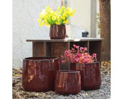 FloraGrace Bloempot Set Van 4 – Hoogglans, Vorstbestendig En Met Afwateringsgat – Ø33/26/20/15 Cm – Keramiek – Donkerrood – Voor Binnen En Buiten