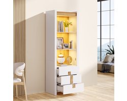 FloraGrace Boekenkast - Met Ledverlichting, 3 Lades En Verstelbare Planken - Voor Woonkamer Of Werkkamer - Spaanplaat - 63x41,5x200 Cm - Wit
