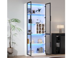 FloraGrace Boekenkast - Vitrinekast Met Glazen Deuren En Ledverlichting - Voor Woonkamer Of Keuken - Spaanplaat En Glas - 80x35x200 Cm - Wit