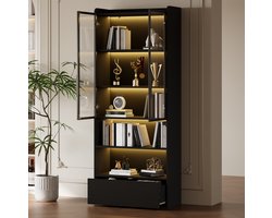 FloraGrace Boekenkast - Vitrinekast Met LED Verlichting En 1 Lade - Hoogkast Voor Woonkamer En Display - MDF En Glas - 80x34x180 Cm - Zwart