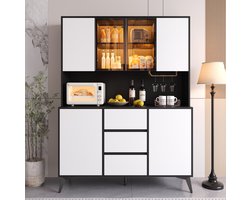 FloraGrace Buffetkast - Hoge Vitrinekast Met App Bedienbare Led En 3 Lades - Voor Keuken En Woonkamer - MDF - 120x40x160 Cm - Zwart Wit