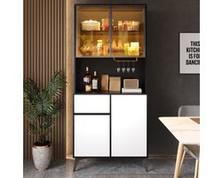 FloraGrace Buffetkast - Met App Regelbare Ledverlichting En Glazen Deuren - Met Lade En Opbergruimte Voor Keuken En Woonkamer - MDF - 80x40x180 Cm - Zwart Wit