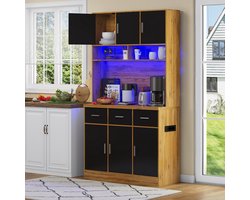 FloraGrace Buffetkast - Met Led Verlichting En App Bediening - Met Lades En Verstelbare Planken Voor Keuken En Eetkamer - MDF - Naturel Zwart - 100x40x180 Cm