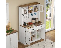 FloraGrace Buffetkast Met Ledverlichting En Oplaadstation - Schuifdeurlook Met Verstelbare Planken En 2 Lades - Voor Keuken En Koffiehoek - MDF - Bruin Wit